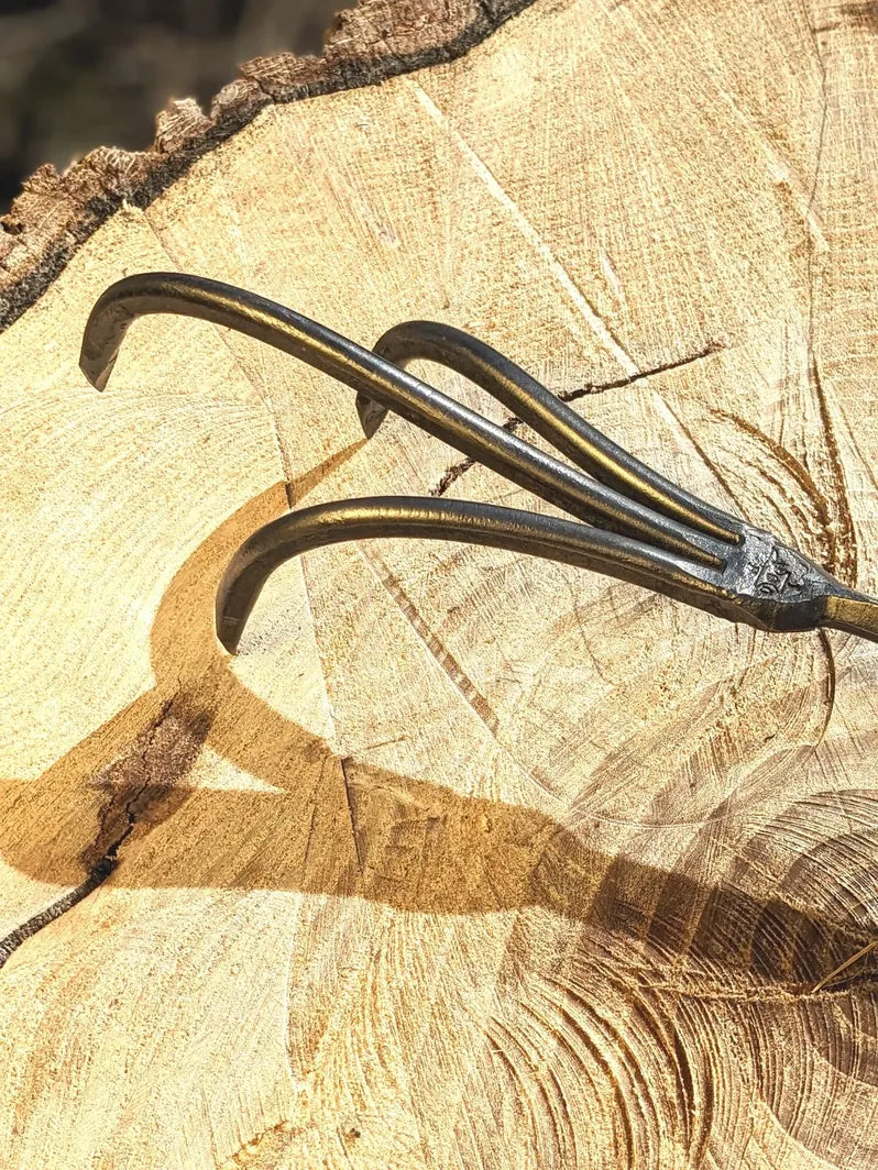 3 Tine Cultivator, Hand Forged Garden Tool, Lifetime Guarantee focus on tool head.