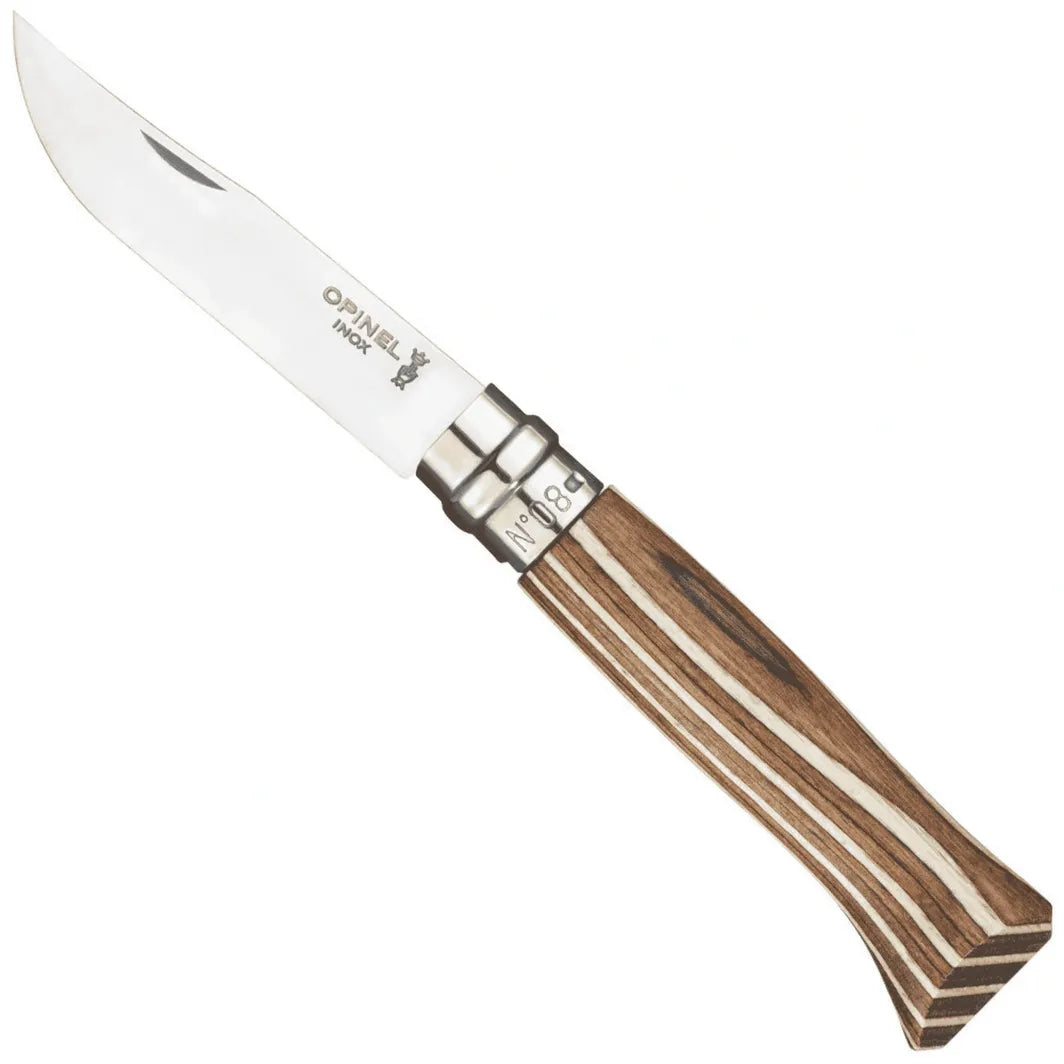 Opinel #8 Brown folding stainless steel pocket knife homestead Iron site on white background.