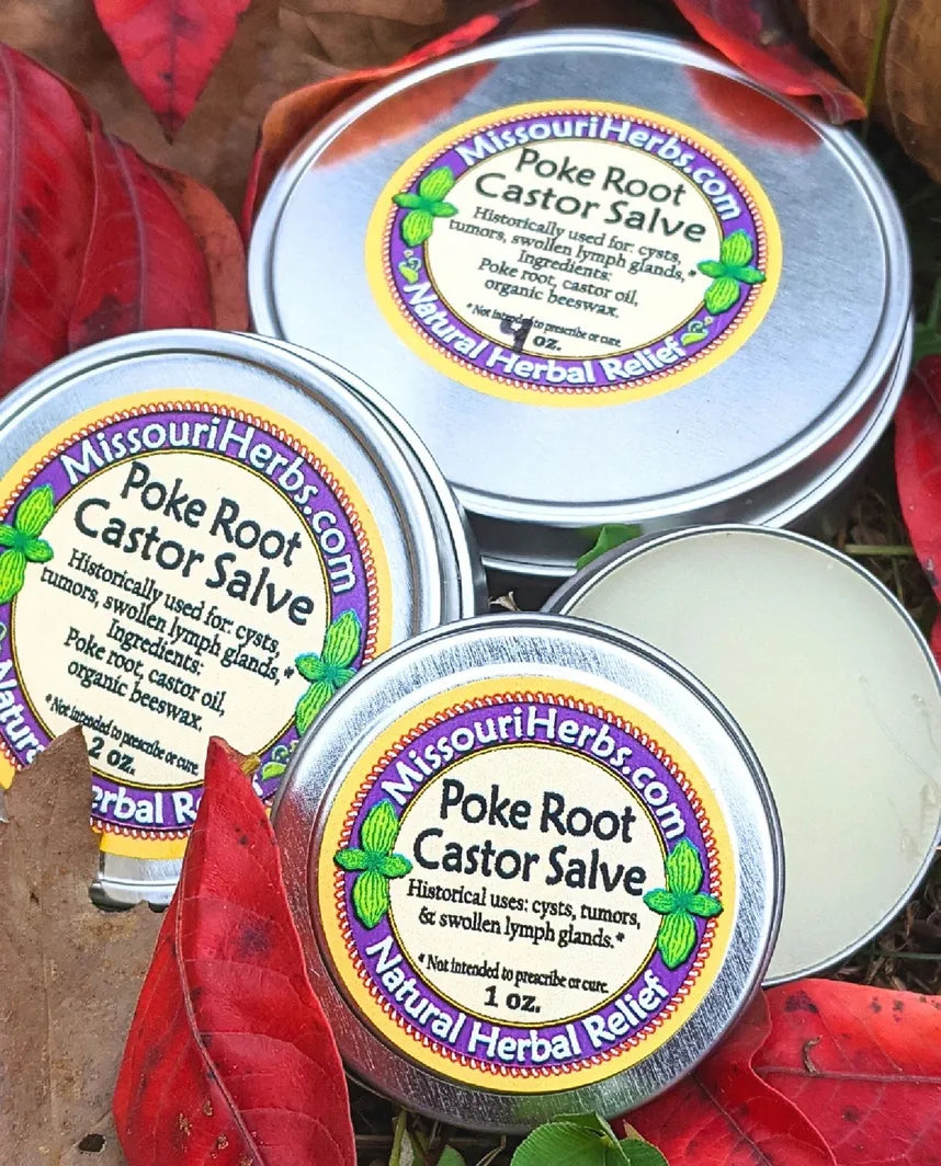 Poke Root Castor Salve WITHOUT sunflower seed oil Missouri Herbs tins