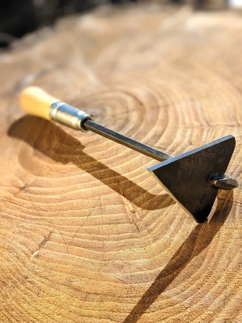 V-Hoe (Warren Hoe, Aggressive Hoe) Hand Forged Garden Tool Homestead Iron sharp tool head on side.