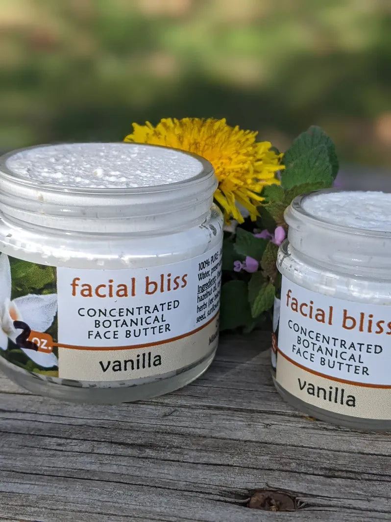 Facial Bliss ~ Madagascar Vanilla Bean botanical moisturizer & face butter by Missouri Herbs with dandelion in picture.