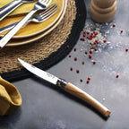 Opinel #10 Effilé Stainless Steel fillet Slim Folding Knife with plates and silverware in background with red seeds on dark background. 