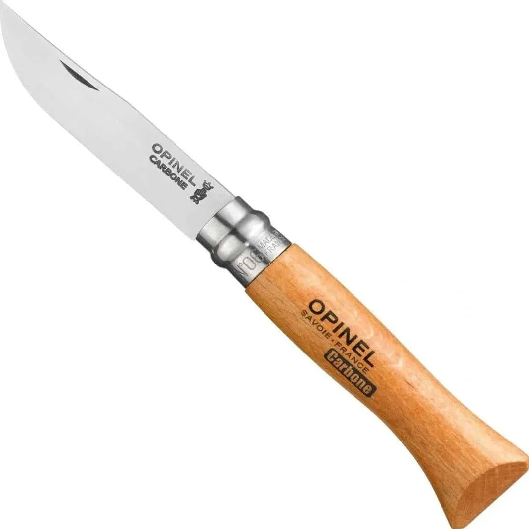Opinel #6 carbon folding knife with wooden handle on a white background