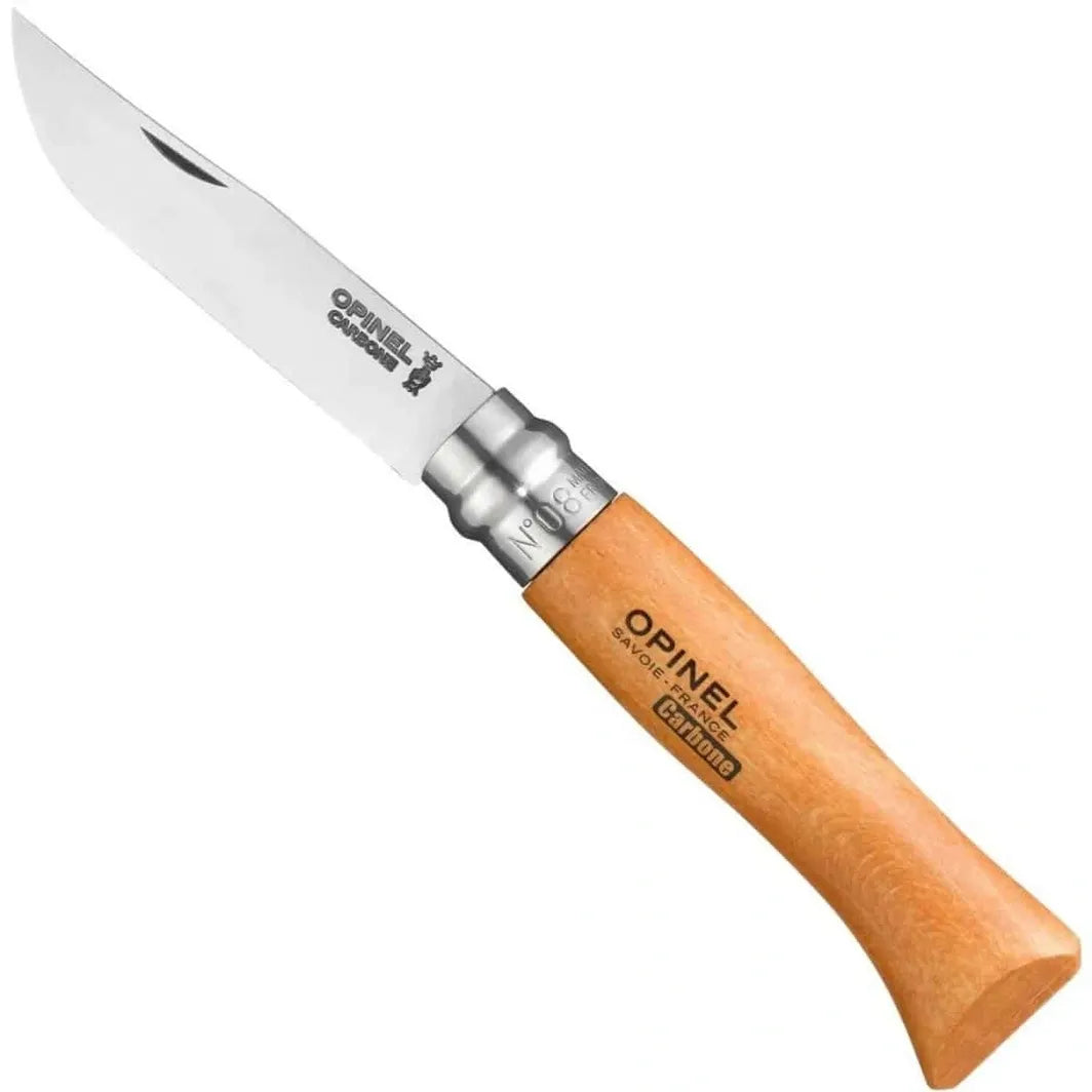 Opinel #8 carbon folding pocket knife with wooden handle on a white background