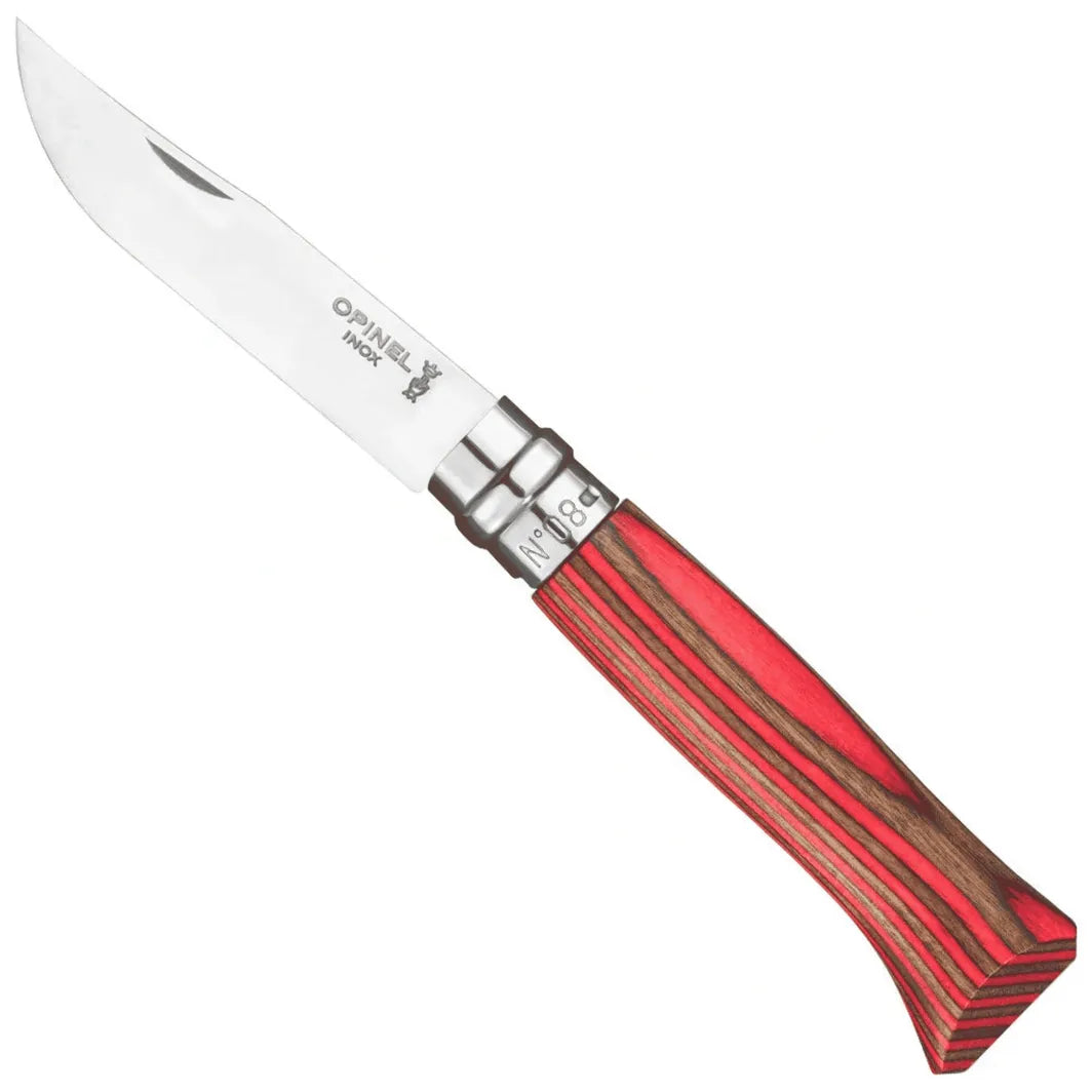 Opinel 8 stainless steel folding pocket knife red hardwood laminate handle with white background on Homestead Iron site. 