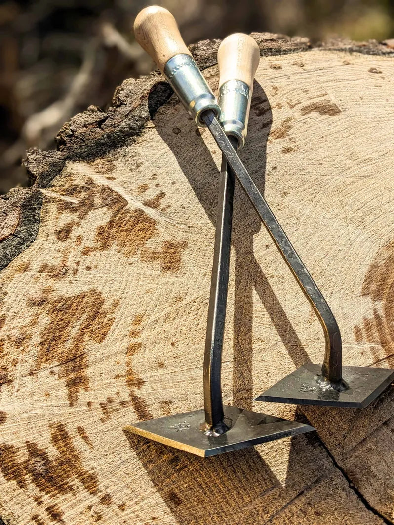 Scuffle Weeder, Hand Forged Garden Tool Homestead Iron on wood.
