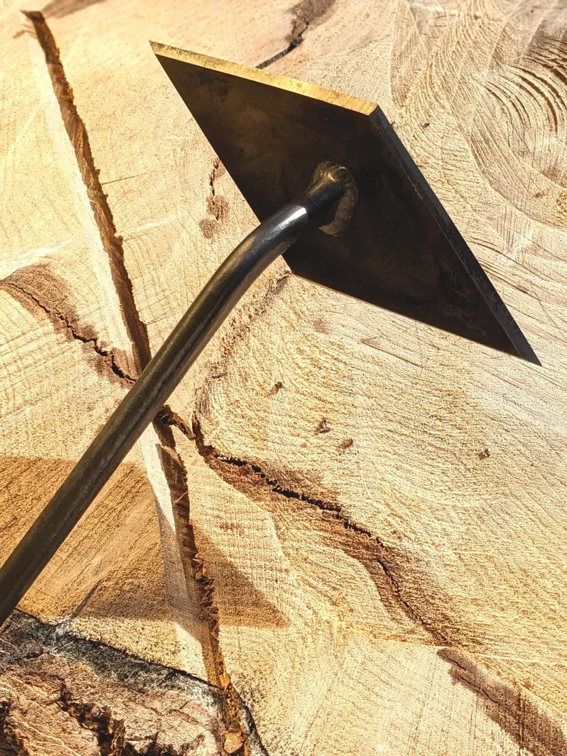 Scuffle Weeder, Hand Forged Garden Tool, Long Handle Homestead Iron focus on tool head. 
