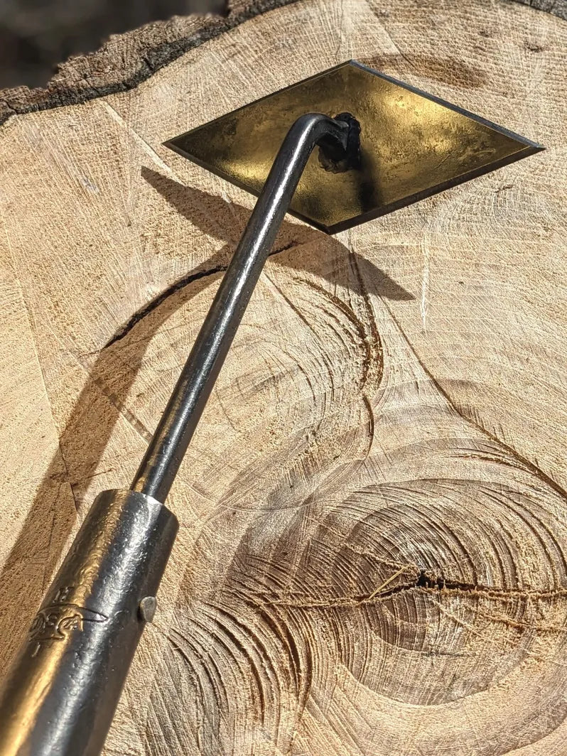 Scuffle Weeder, Hand Forged Garden Tool, Long Handle Homestead Iron focus on tool head and neck. 