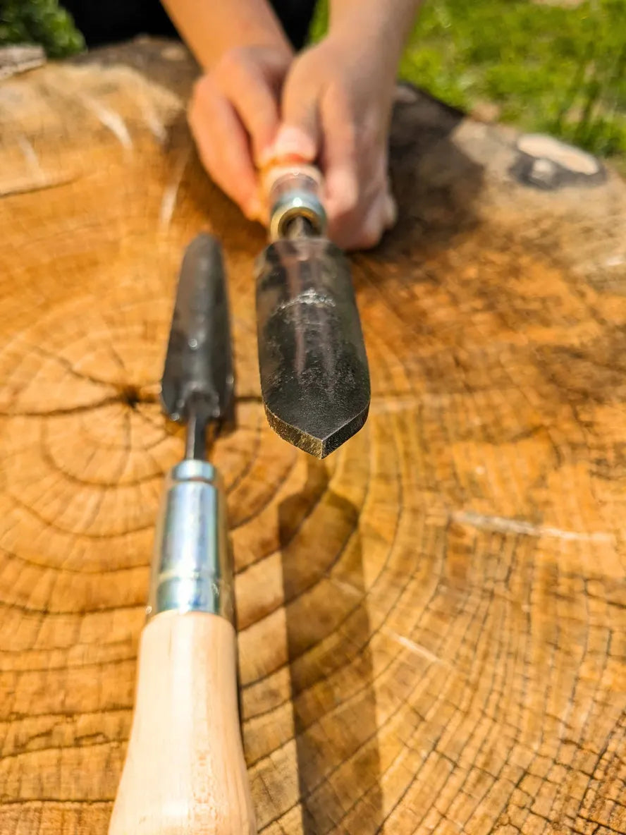 Sharp Shooter Trowel Homestead Iron hand holds tool sharp edge showing