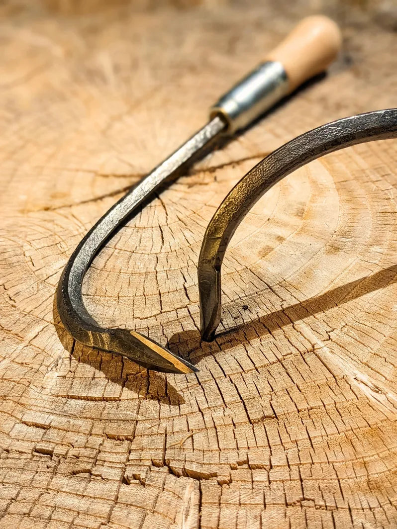 Single Tine Cultivator, Hand Forged Garden Tool by Homestead Iron on wooden background with sharp tip. 