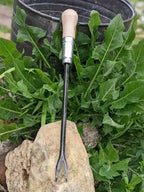 Weeding Fork (dandelion fork) Hand Forged Garden Tool Homestead Iron with chicory leaves.